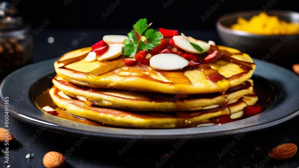 A stack of pancakes with sliced almonds on a plate. Dark background. A stack of pancakes with sliced almonds on a plate. Dark background.