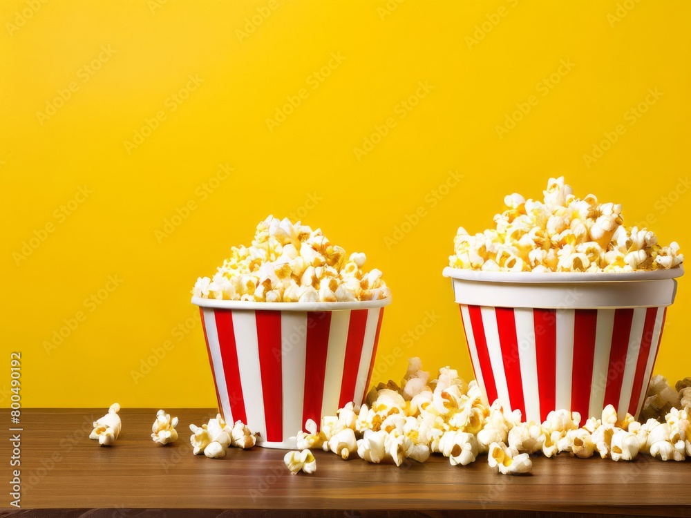 A huge red and white buckets of salted popcorn on a wooden table on a yellow background. Some of the popcorn spilled on the table. Copy space