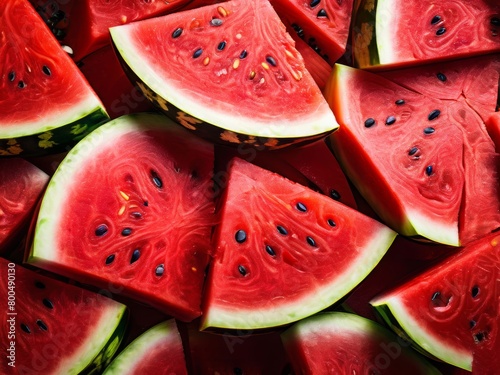 The background is completely filled with red cut watermelon with seeds. Berry or fruity green with red watermelon.