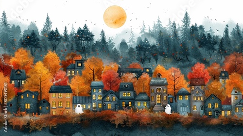 A charming illustration of a sleepy town inhabited by friendly ghosts. photo