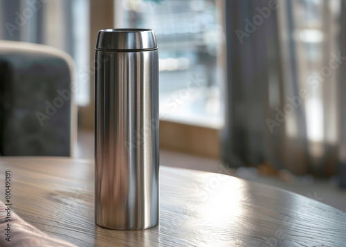 A tall, silver thermos sits on a wooden table photo