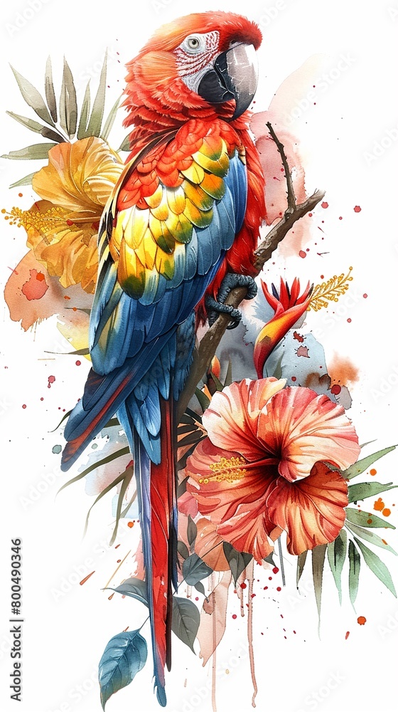 Obraz premium A colorful macaw perched on a branch surrounded by tropical flowers.