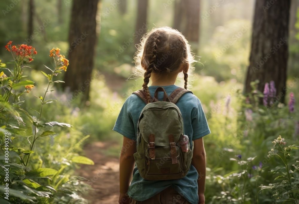 A young child with a backpack explores a lush forest, filled with curiosity and the spirit of adventure.