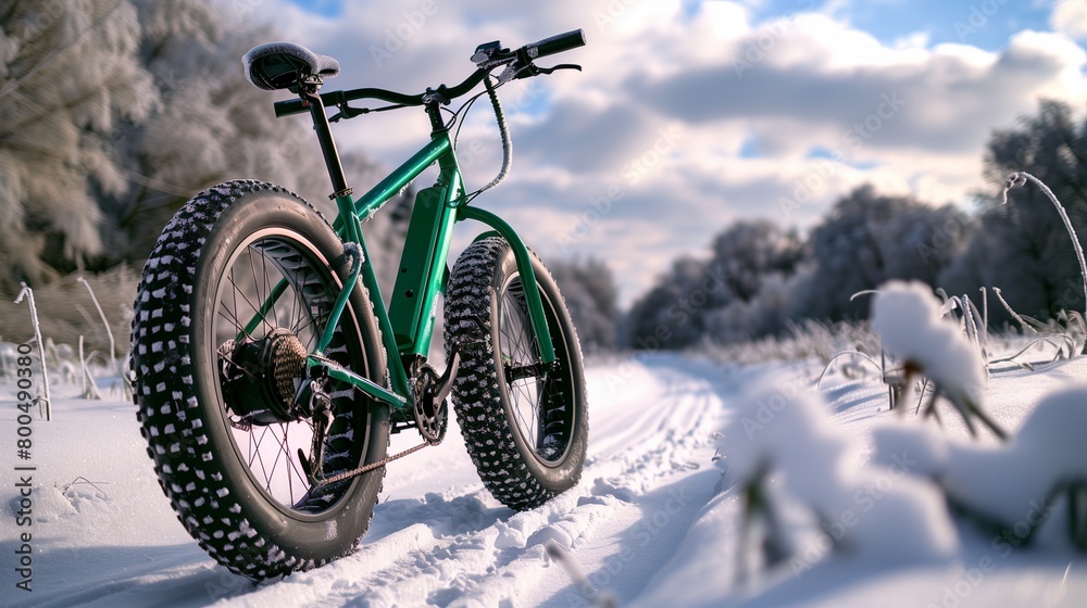 Electric green fat bike on a snowy landscape, winter adventure, Electric green fat bike on a snowy landscape, winter adventure,