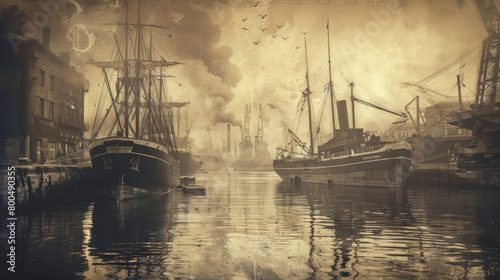 1930s Cargo Port Scene in Sepia Tone photo