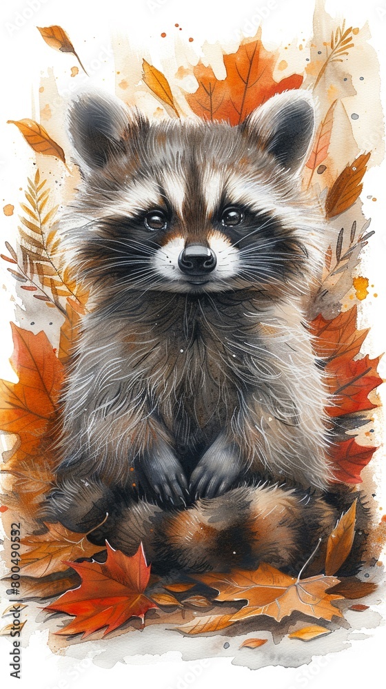 A fluffy baby raccoon cuddled up in a pile of leaves. A fluffy baby raccoon cuddled up in a pile of leaves.