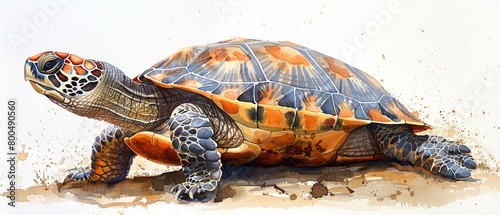 A friendly turtle basking in the sun on a sandy beach. copy space