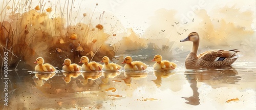 A group of adorable baby ducklings following their mother across a pond.