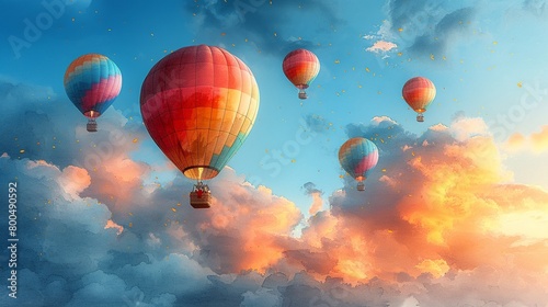 A group of colorful hot air balloons drifting through a blue sky.