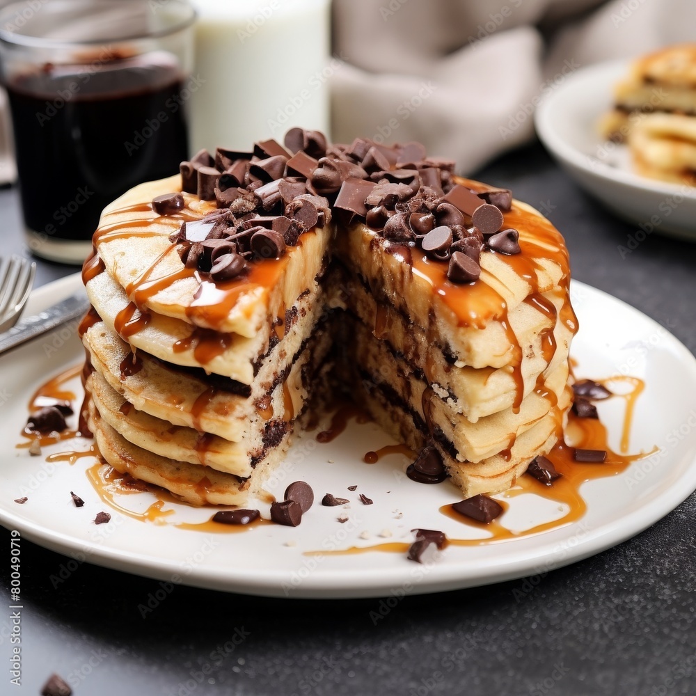 delicious fluffy chocolate chip pancakes with the topping of butter and sugar syrup on a plate with a slice cut out delicious fluffy chocolate chip pancakes with the topping of butter and sugar syrup on a plate with a slice cut out