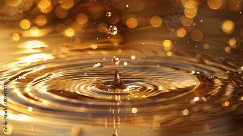 Golden water ripples and droplets, capturing the serene beauty of liquid in motion.