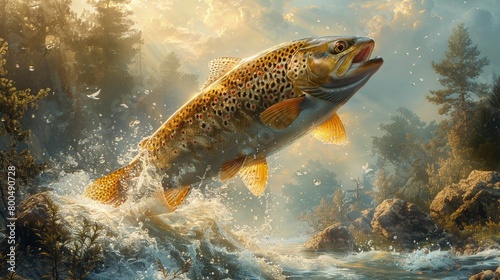 A trout gracefully leaping out of a rushing mountain stream