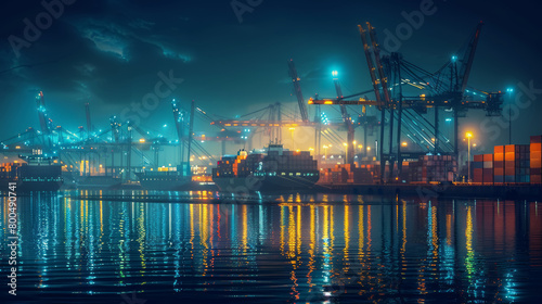 Cargo Port Nighttime Illumination and Ship Reflection