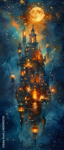A magical underwater city with towering spires and glowing lights. 