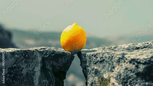 A single lemon sits on a ledge of a cliff photo