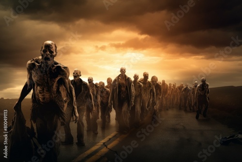 Horde of Undead Creatures Stumbling Down a Deserted Highway at Dusk with an Ominous Orange Sky Overhead Conveying a Sense of Desolation and Impending