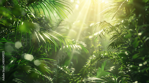 A lush green jungle with sunlight shining through the leaves