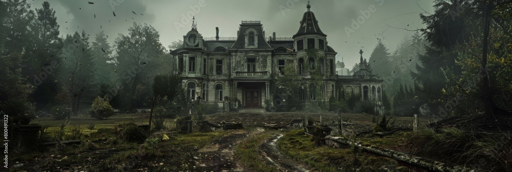 Ominous Haunted Victorian Mansion with Ghostly Figures in Abandoned Garden Setting