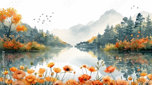 A serene forest pond surrounded by colorful flowers and chirping birds. copy space photo
