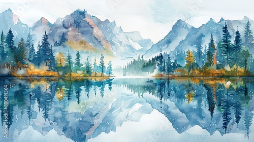 A serene mountain lake surrounded by towering peaks and evergreen forests. copy space photo