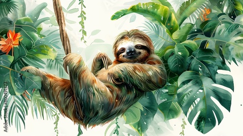 A sleepy sloth hanging from a tree branch in the rainforest.  photo