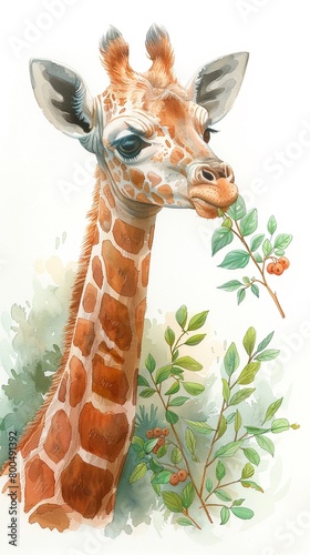 A sweet baby giraffe with a long neck reaching for leaves. 