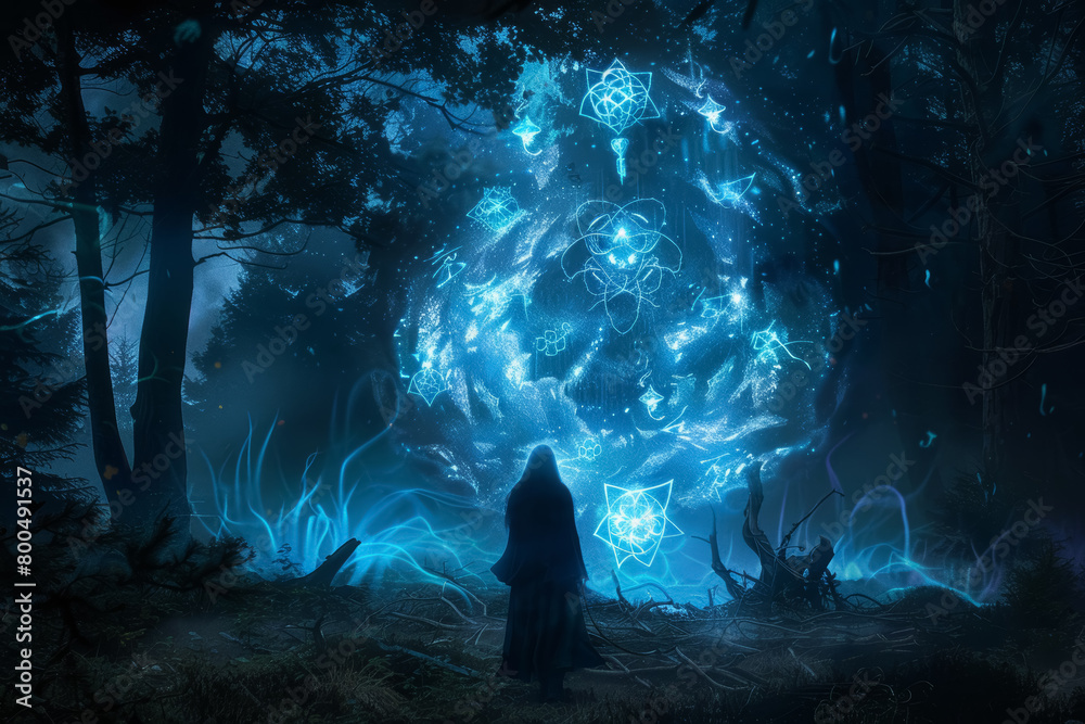 Witch Summoning in Dark Forest with Glowing Sigils Witch Summoning in Dark Forest with Glowing Sigils