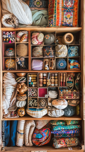 A wooden shelf filled with various knick knacks and trinkets photo