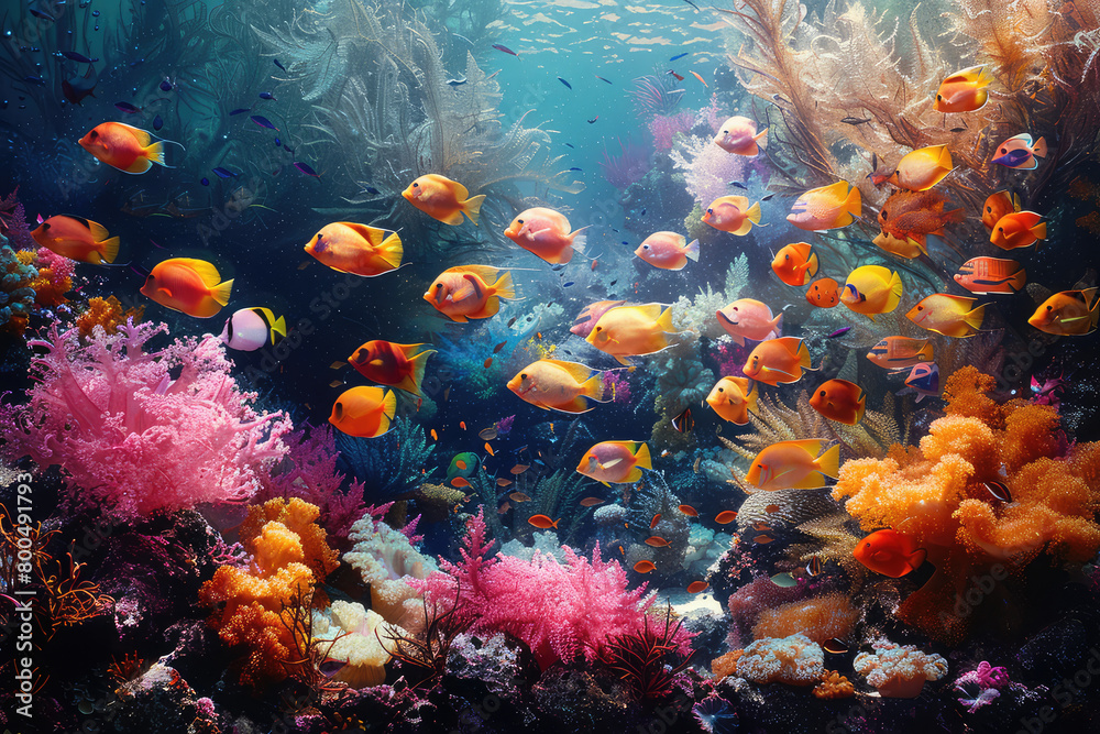 A vibrant coral reef with colorful anemones and clownfish. Created with AI