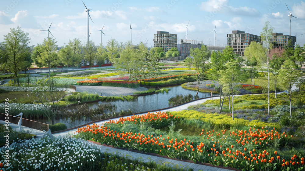 Panoramic view of a green city innovatively using tulips for urban beautification, powered by wind and solar energy