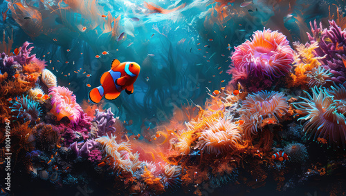 Anemones and clownfish in the vibrant coral reef, with colorful anemones swaying gently under the waterlight. Created with Ai  photo