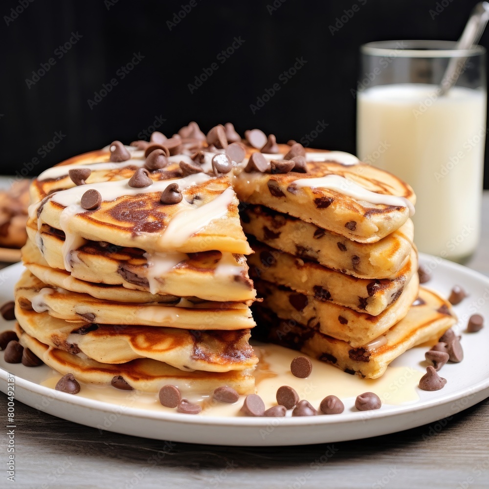 chocolate chip pancake with glass of milk chocolate chip pancake with glass of milk