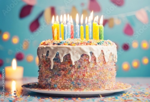 'space cake Birthday copy candles confetti fall centenarian number lit decorate invite gift stripes purple striped celebrate many lot blue icing colours whipped home sugar white banner rainbow pa'