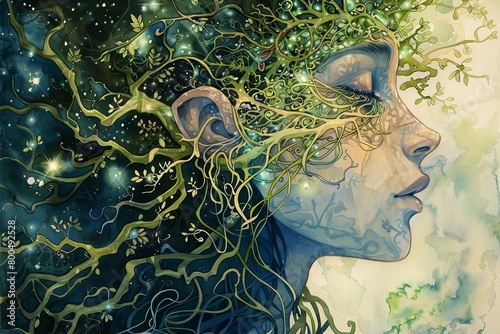 A beautiful illustration of a woman's face with vines growing out of her head and neck, and glowing stars in the background.