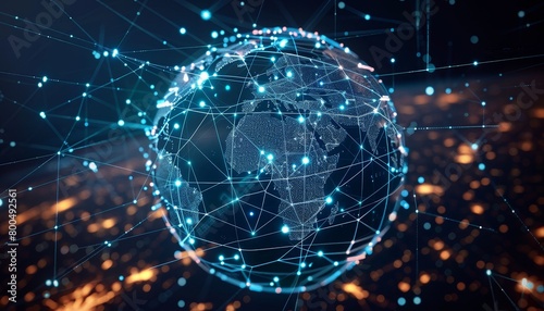 A digital representation of planet Earth with glowing blue lines representing connections between major cities.