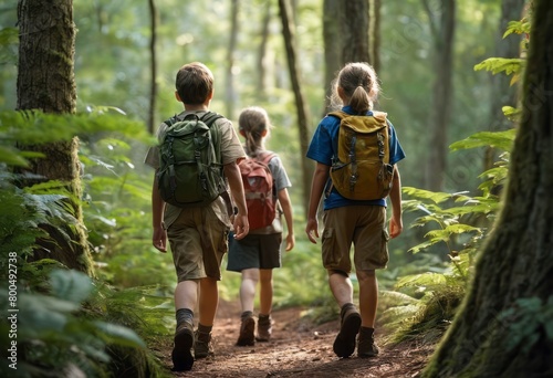 A family embarks on a hike through a lush forest, the trail inviting them into the greenery and the essence of nature.