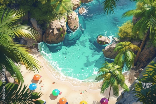An aerial view of a beautiful beach with palm trees, white sand, and crystal-clear water.