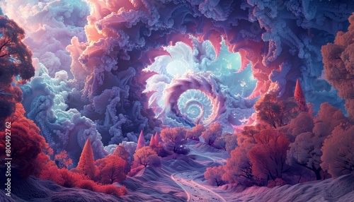 A surreal landscape with a pink, blue, and purple sky. There are clouds in the sky and trees on the ground. The ground is covered in snow.