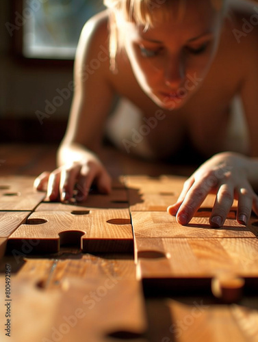 Sunlight bathes a focused puzzle solver as they meticulously untangle a wooden Burr puzzle. A captivating challenge unfolds piece by piece. photo