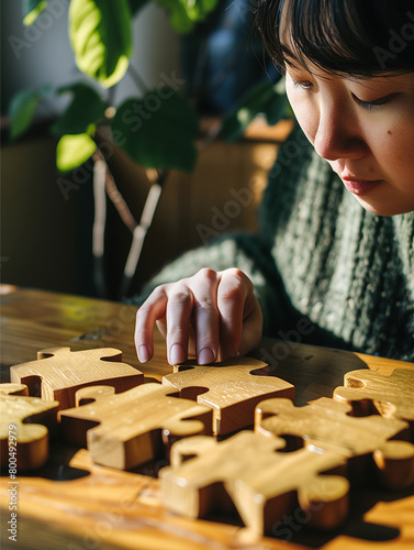 Sunlight bathes a focused puzzle solver as they meticulously untangle a wooden Burr puzzle. A captivating challenge unfolds piece by piece. photo