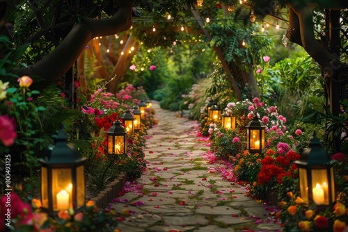 A romantic garden pathway lined with lanterns and adorned with vibrant red and pink flowers leading to a secret garden nook