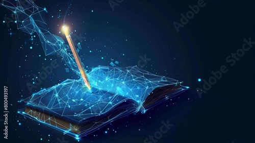 Illustrating digital drawing and creative writing powered by AI technology, an open notebook and pencil glow in polygonal style against a blue backdrop. Abstract vector illustration.