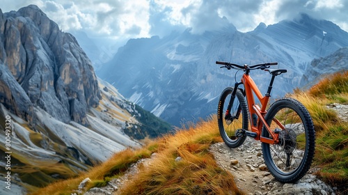 Burnt sienna mountain bike on a high-altitude trail, epic landscape,