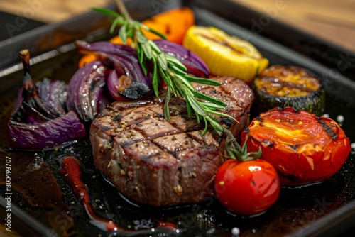 Juicy grilled fillet steak with fresh tomatoes and roast vegetables served on a plate photo