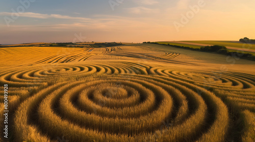 Golden hour at a harvested wheat field with mesmerizing circular patterns creating a visual delight