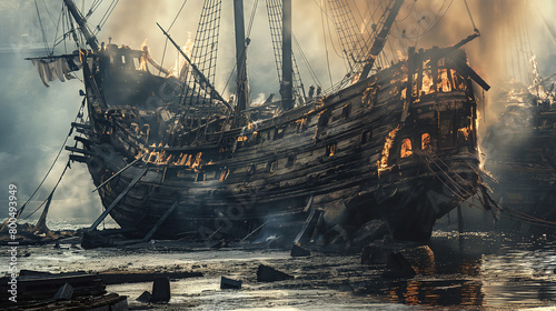 A dramatic scene with a burning pirate ship engulfed in flames amidst a dark, stormy sea setting