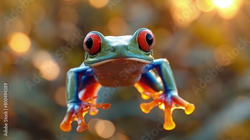 A tree frog with vivid blue markings vaulting through the air against a backdrop of golden sunlight filtering through the canopy, creating a mesmerizing display of colors.