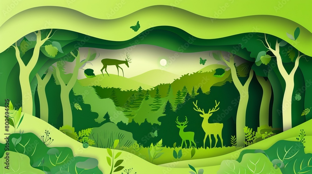 Illustration depicting the conservation of ecology and environment, featuring a green forest and wildlife layers in a paper art style.