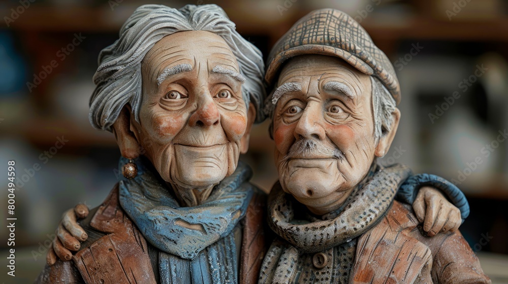 A photo of two clay figures of an old man and woman A photo of two clay figures of an old man and woman
