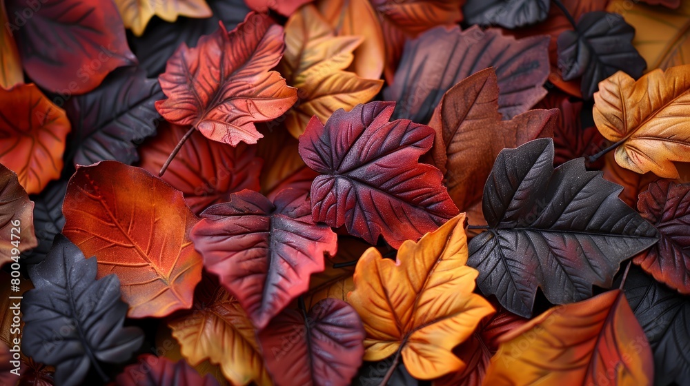 A pile of autumn leaves in various shades of red, orange, yellow, and brown.